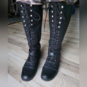 Mossimo Black Knee High Lace Zip up Faux Leather Thrashed Boots 7.5 Victorian